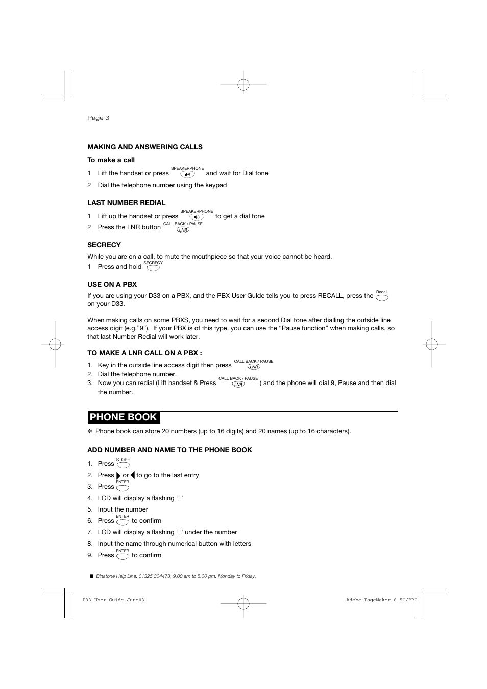 Phone book | Binatone D33 User Manual | Page 3 / 8