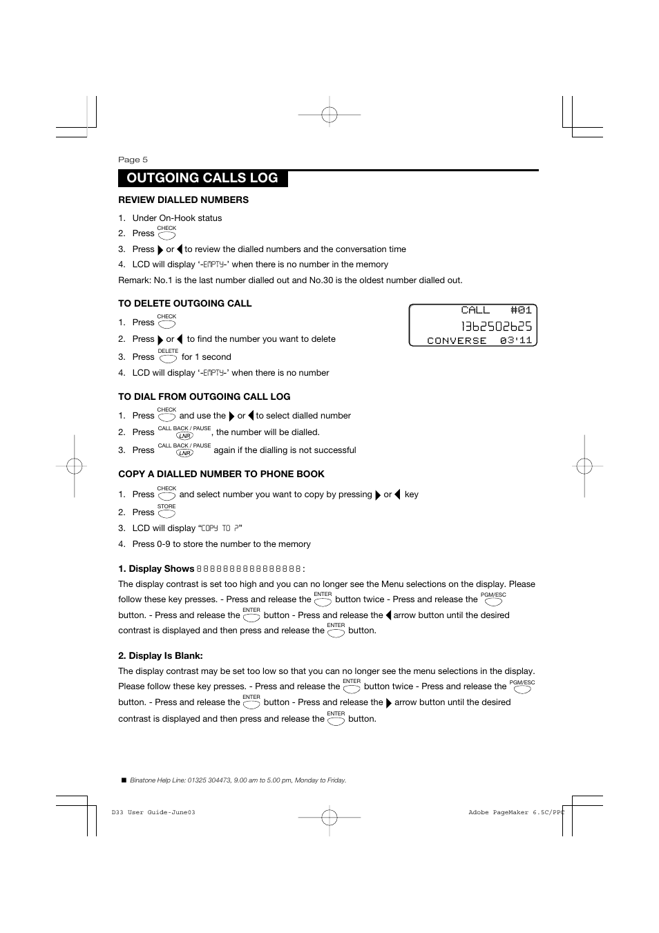 Outgoing calls log | Binatone D33 User Manual | Page 5 / 8