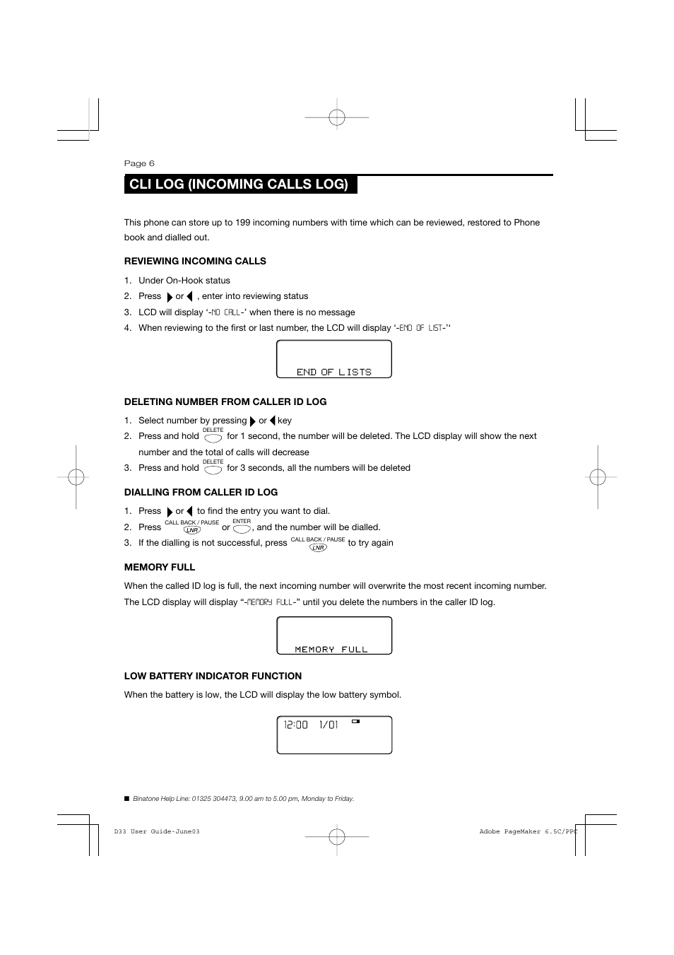 Cli log (incoming calls log) | Binatone D33 User Manual | Page 6 / 8