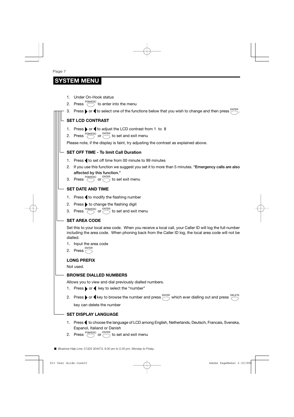 System menu | Binatone D33 User Manual | Page 7 / 8
