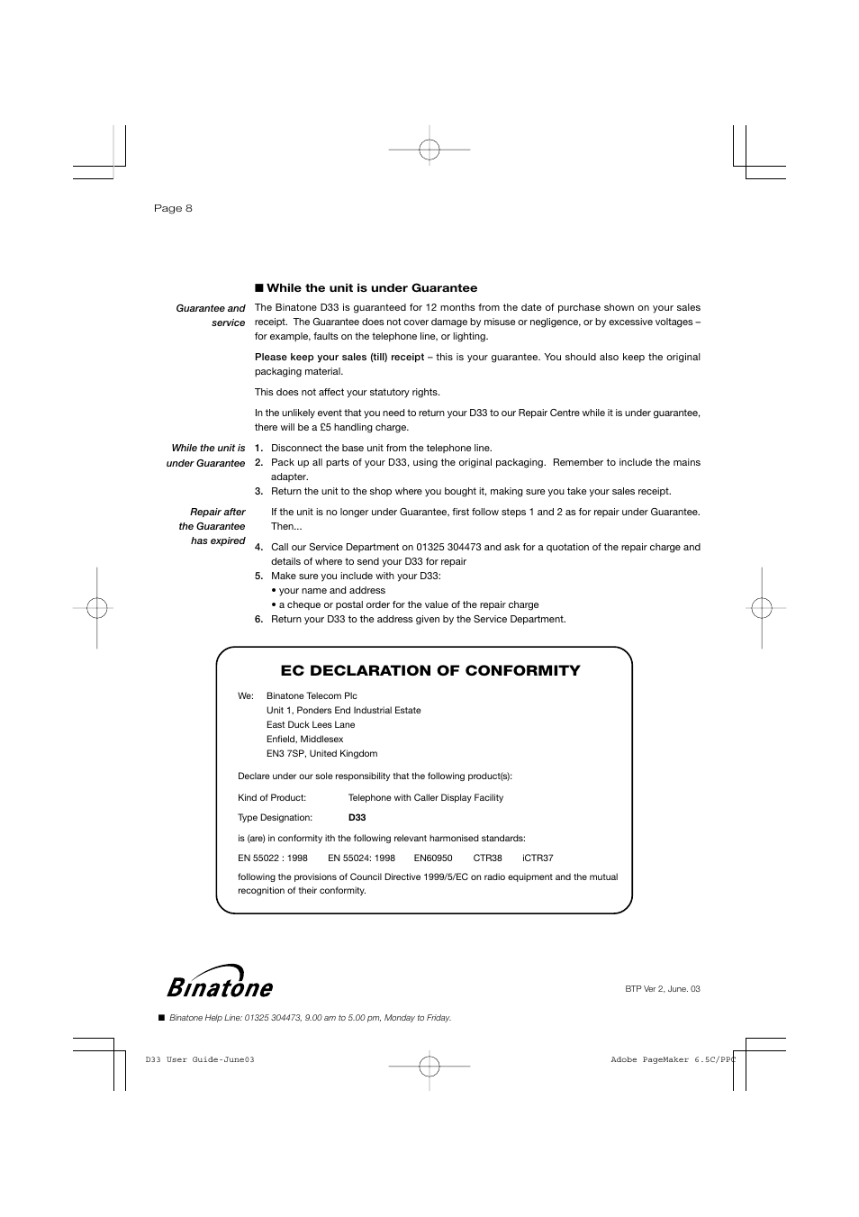 Ec declaration of conformity | Binatone D33 User Manual | Page 8 / 8