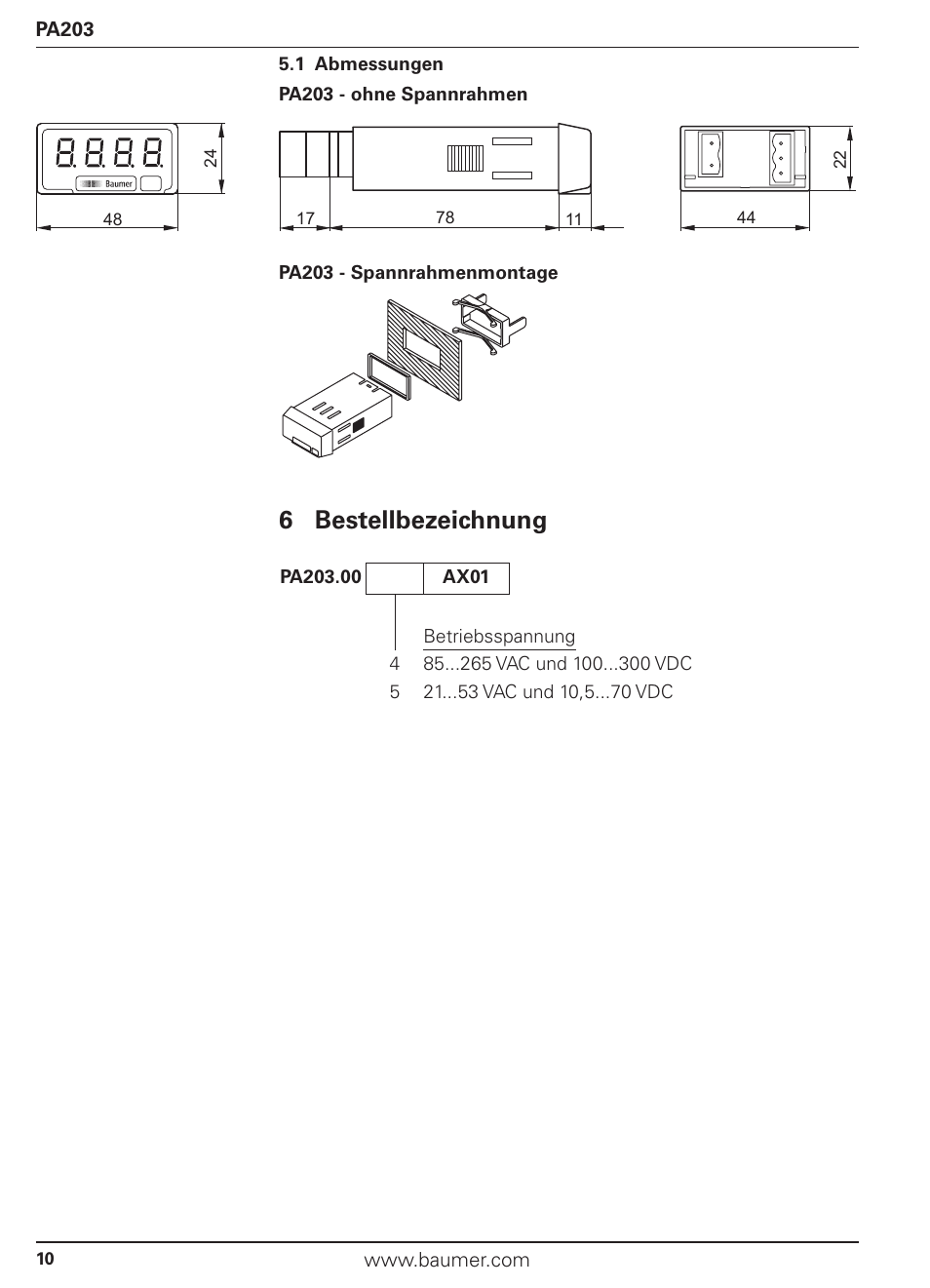 6 bestellbezeichnung | Baumer PA203 User Manual | Page 10 / 30