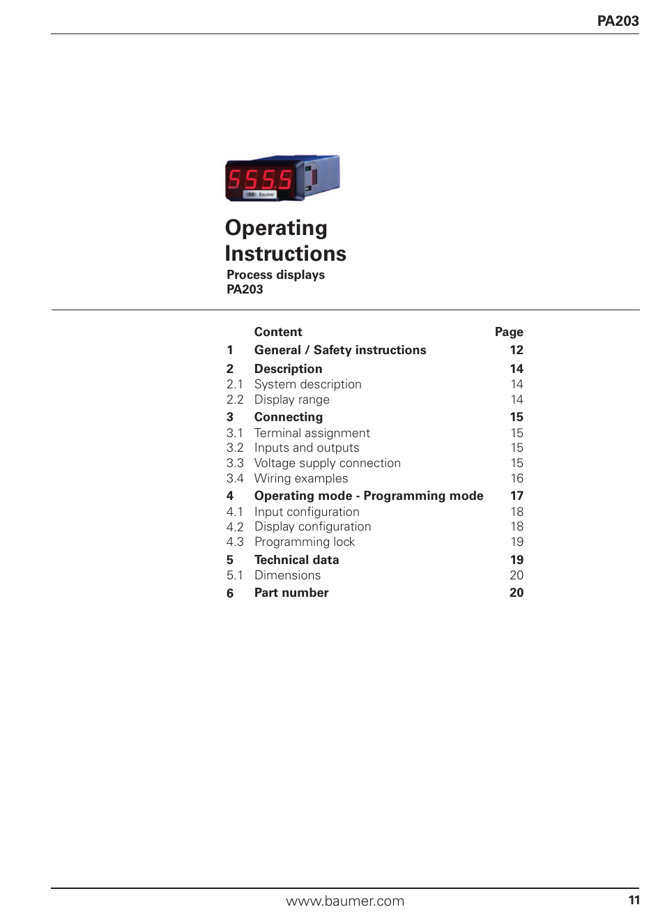 Operating instructions | Baumer PA203 User Manual | Page 11 / 30