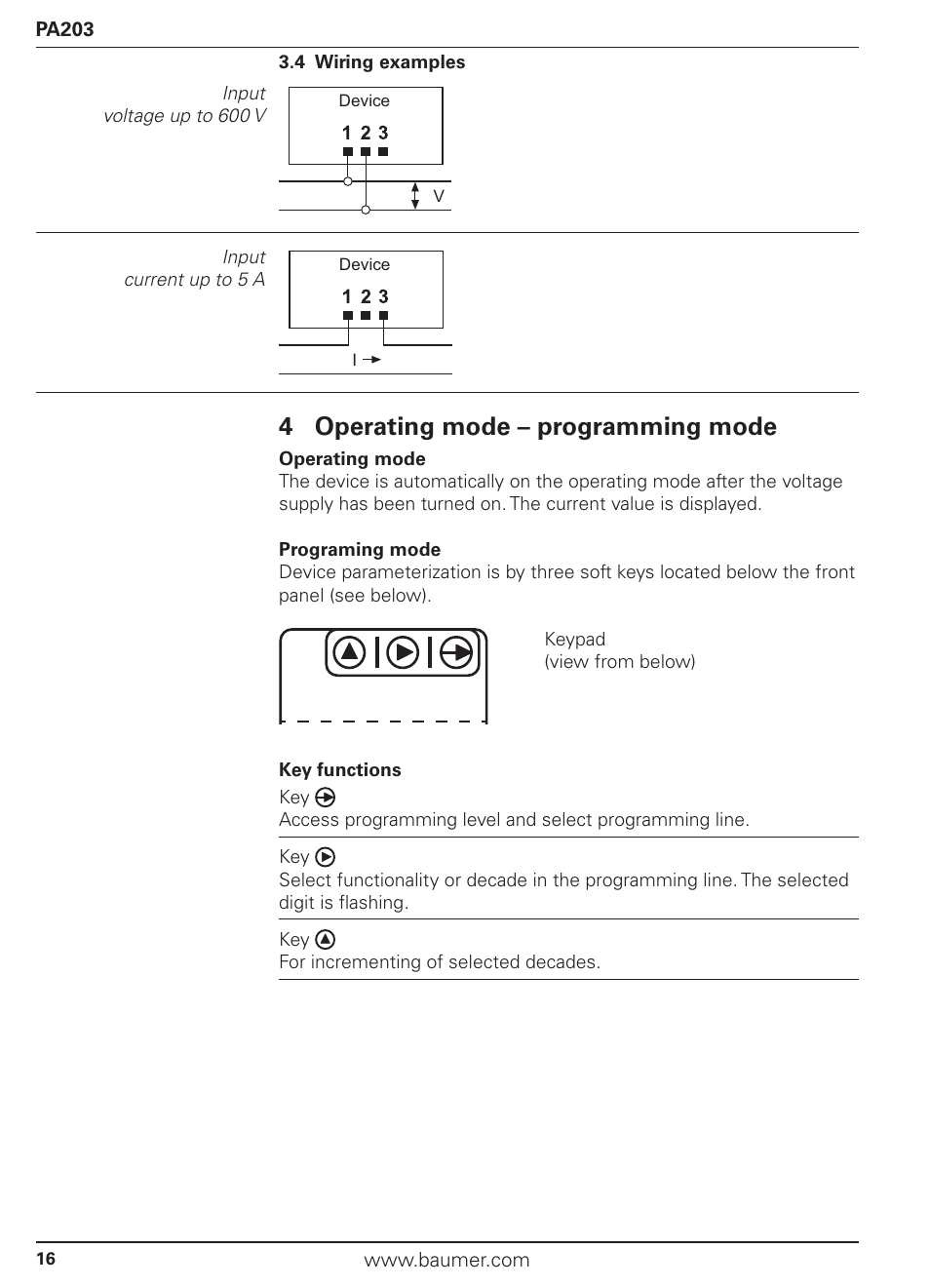 4 operating mode – programming mode | Baumer PA203 User Manual | Page 16 / 30