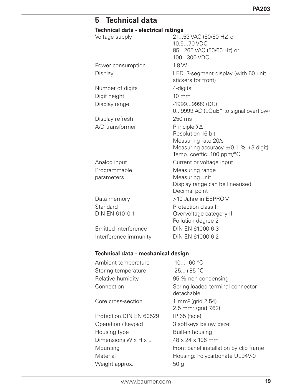 5 technical data | Baumer PA203 User Manual | Page 19 / 30