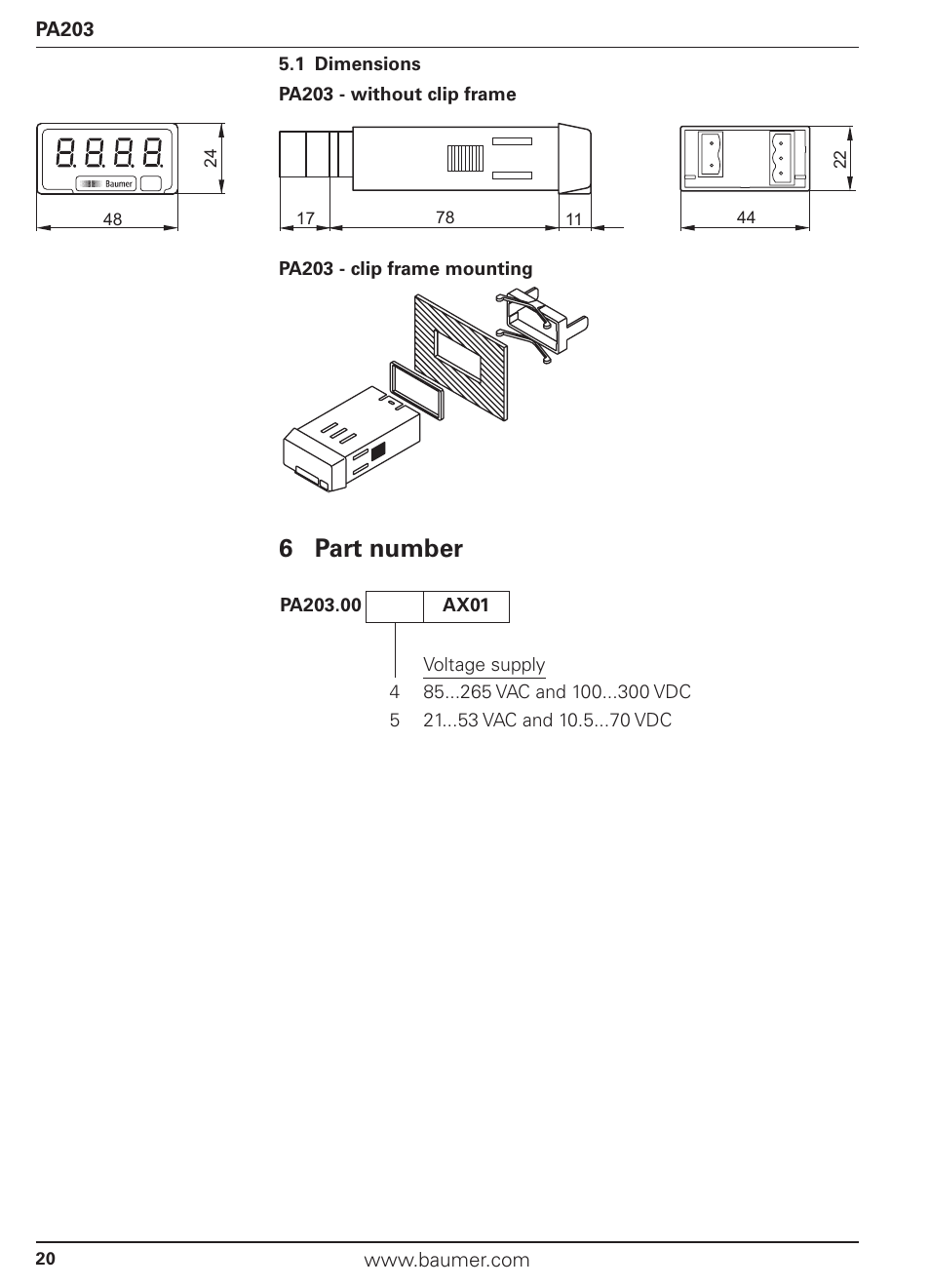 6 part number | Baumer PA203 User Manual | Page 20 / 30