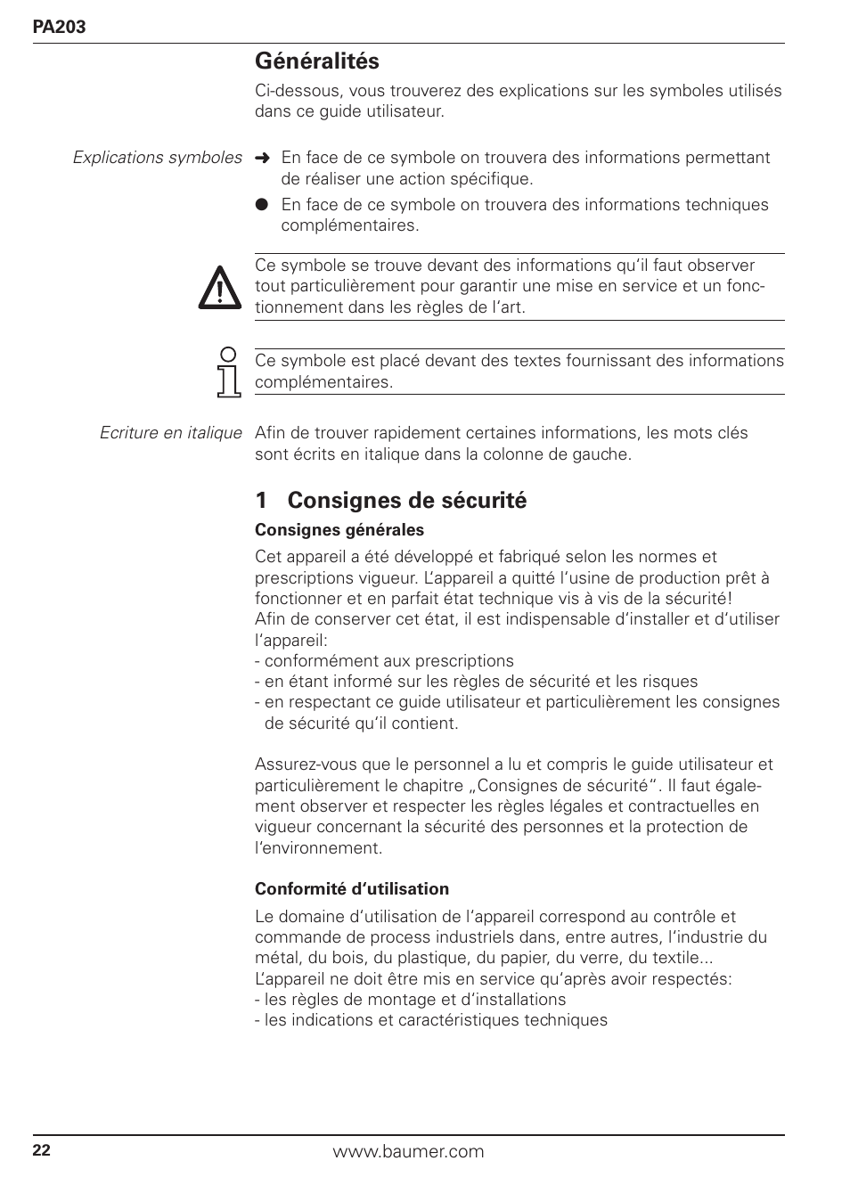 Généralités, 1 consignes de sécurité | Baumer PA203 User Manual | Page 22 / 30