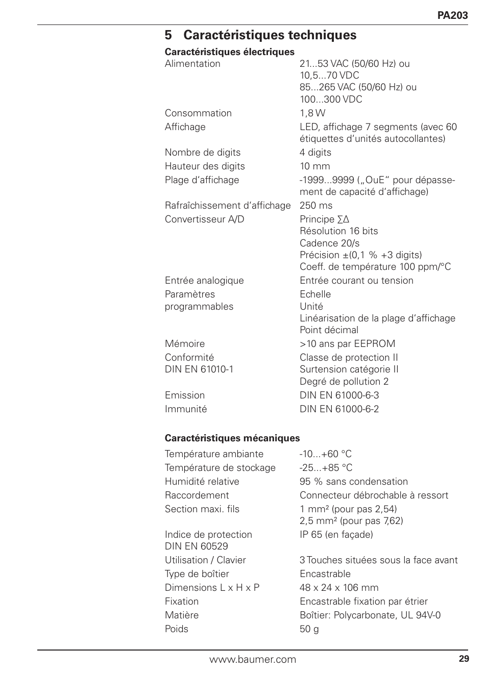5 caractéristiques techniques | Baumer PA203 User Manual | Page 29 / 30