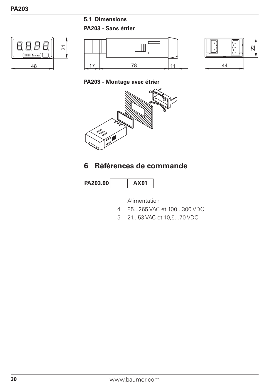 6 références de commande | Baumer PA203 User Manual | Page 30 / 30