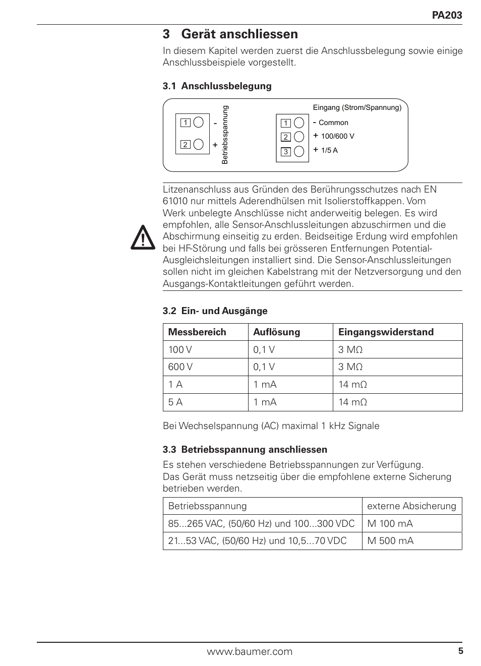 3 gerät anschliessen | Baumer PA203 User Manual | Page 5 / 30