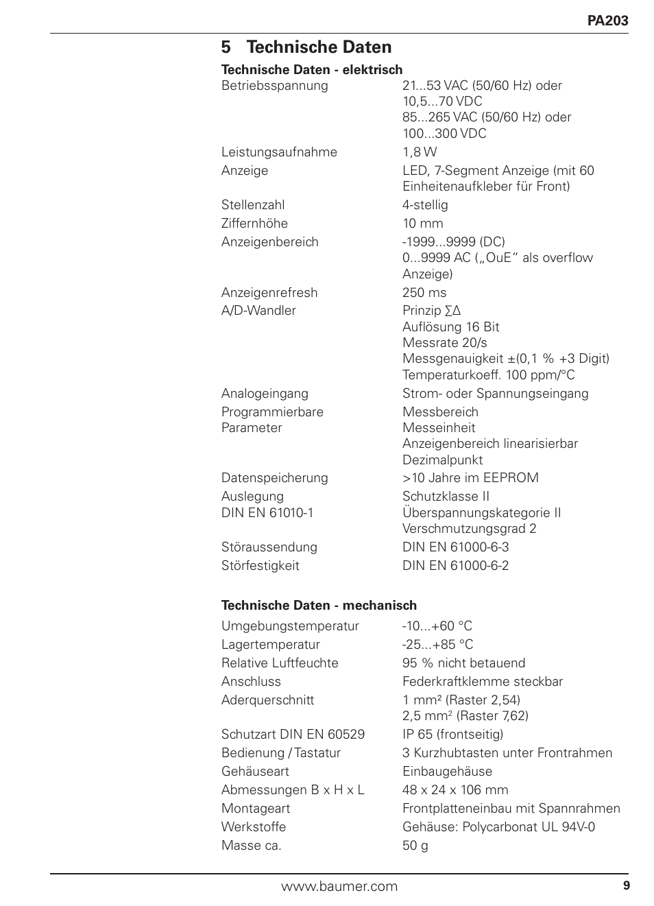 5 technische daten | Baumer PA203 User Manual | Page 9 / 30