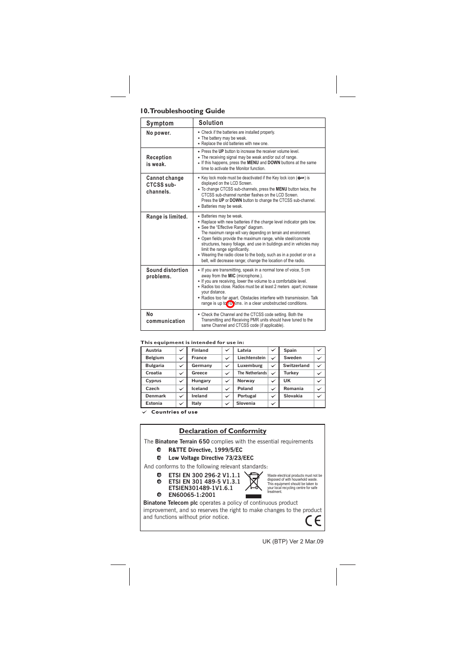 Declaration of conformity, Troubleshooting guide, Symptom solution | Binatone TERRAIN 650 User Manual | Page 11 / 11