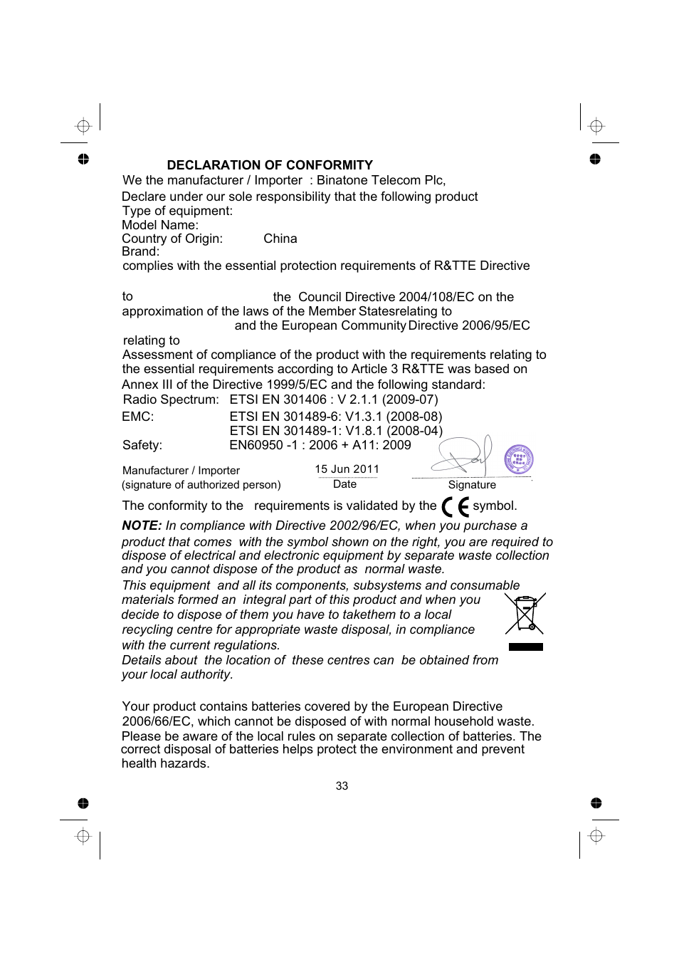 Binatone SPEAKEASY COMBO 2005 TRIPLE User Manual | Page 35 / 36