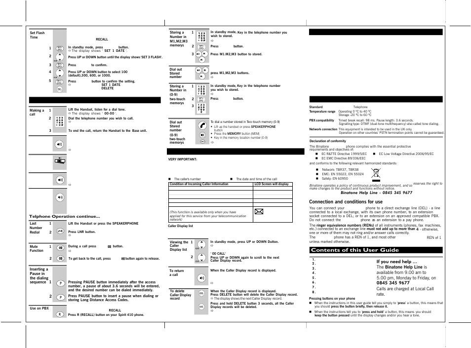 Telephone operations, Caller display operation, Guarantee and service | Technical details, Connection and conditions for use, Contents of this user guide | Binatone 410 User Manual | Page 2 / 2