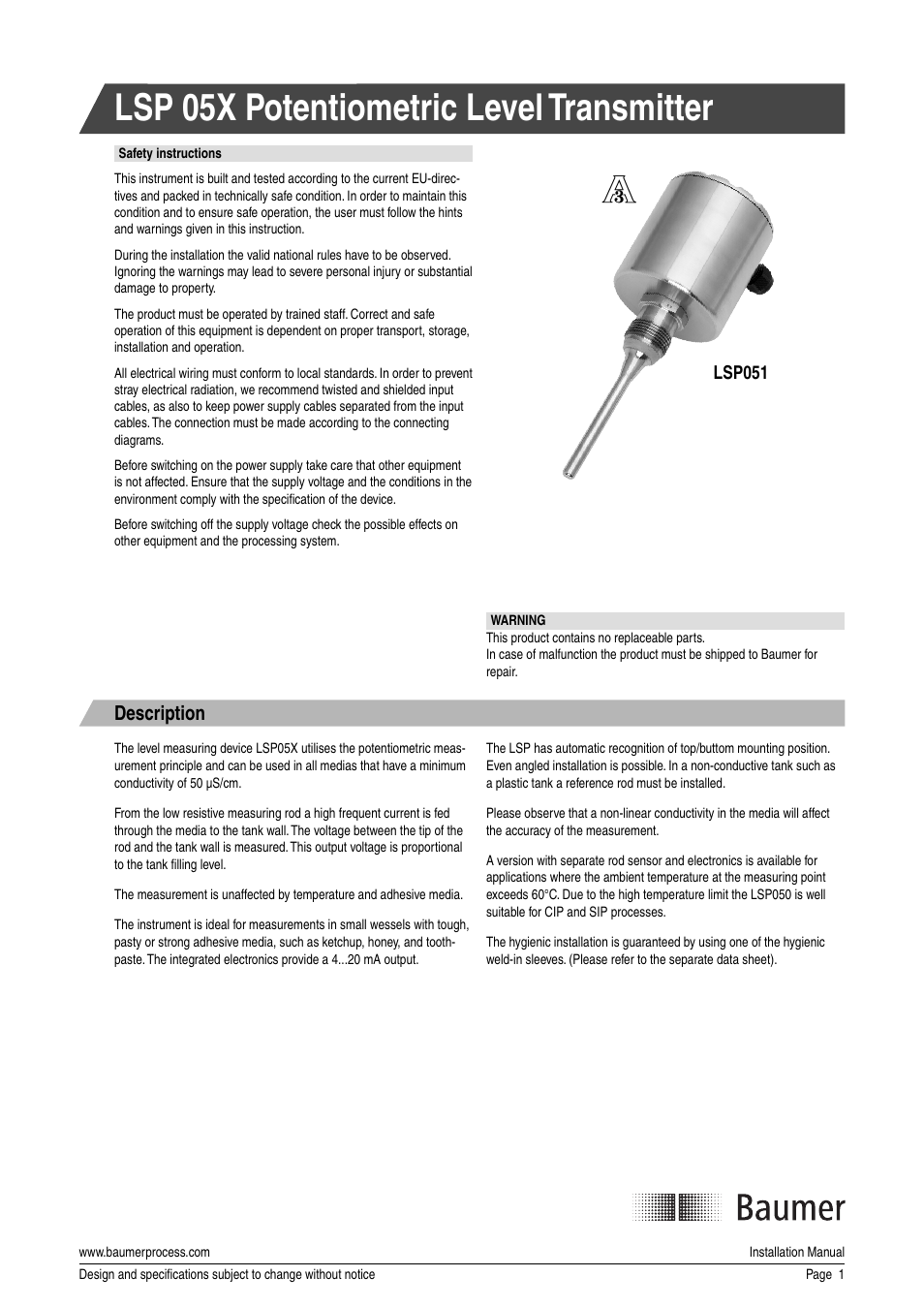 Baumer LSP User Manual | 4 pages