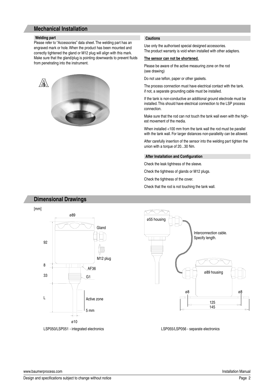 Mechanical installation, Dimensional drawings | Baumer LSP User Manual | Page 2 / 4