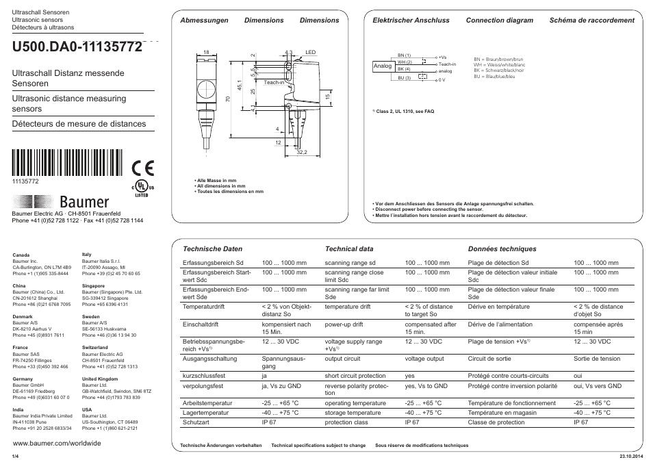 Baumer U500.DA0-UA1B.72CU User Manual | 4 pages