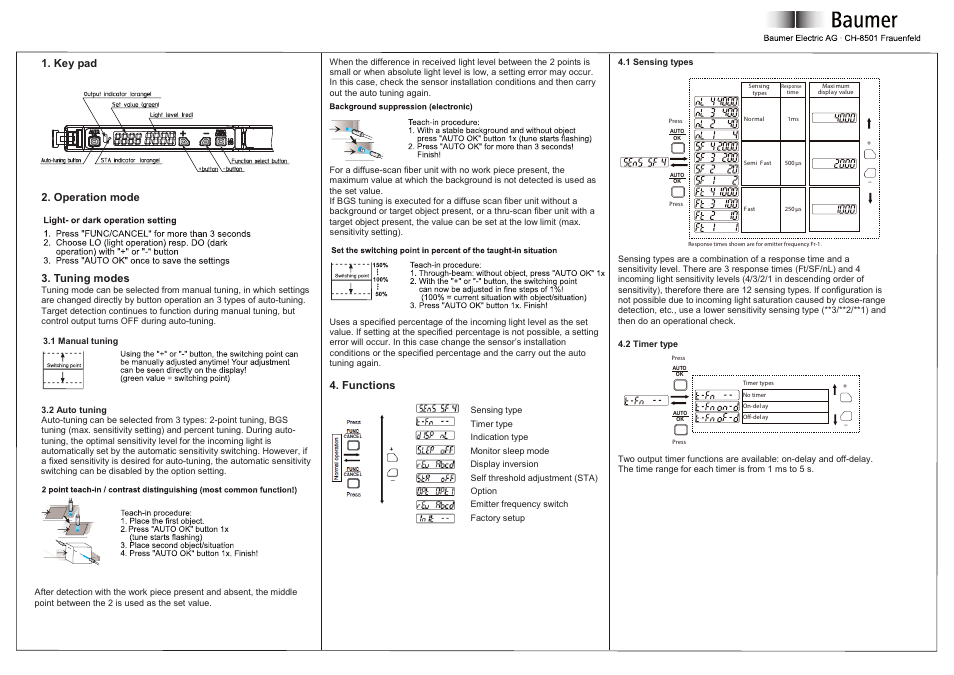 Key pad 2. operation mode 3. tuning modes, Functions | Baumer FVDK 10N66YS User Manual | Page 5 / 8