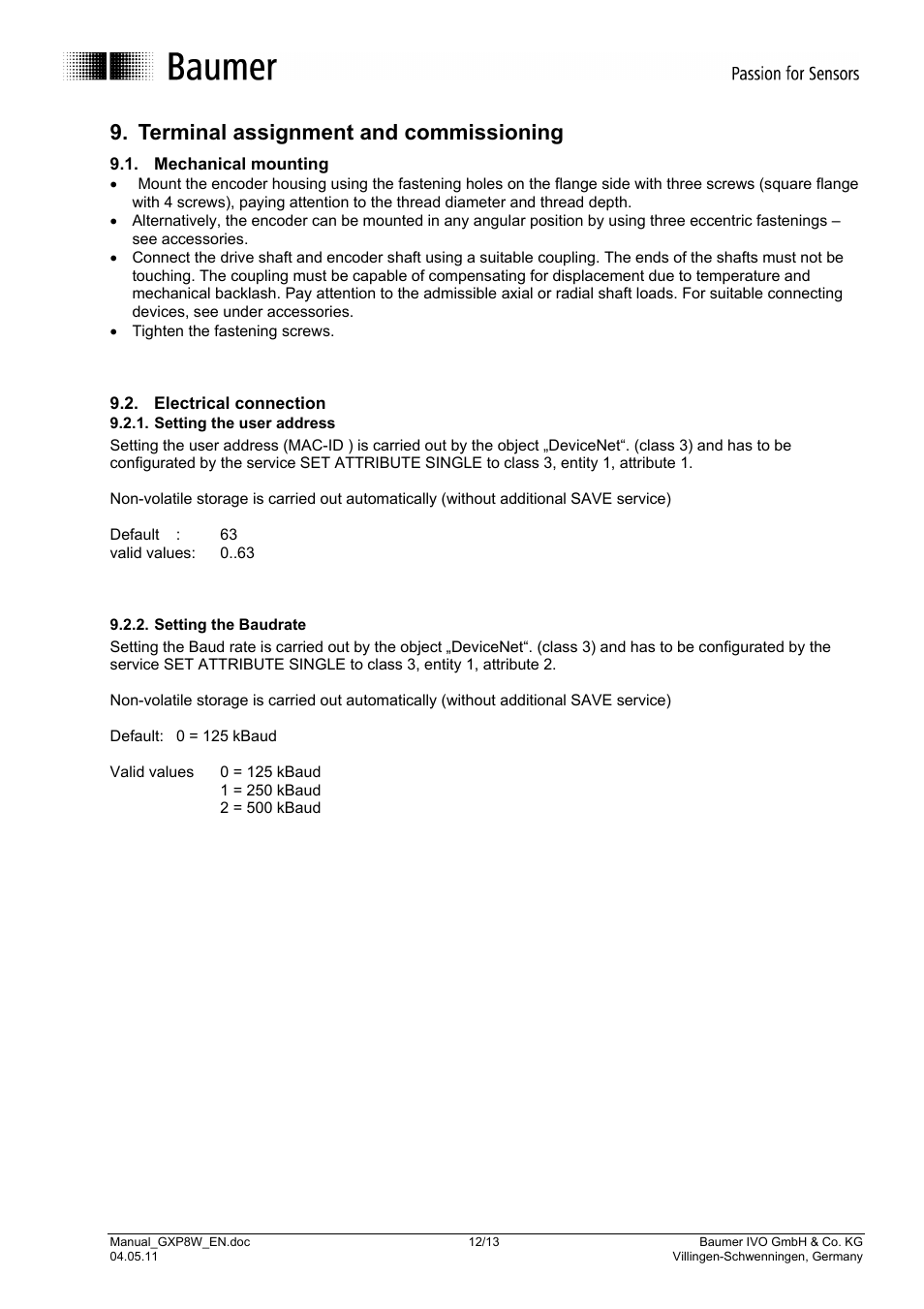 Terminal assignment and commissioning | Baumer GXP8W User Manual | Page 12 / 13