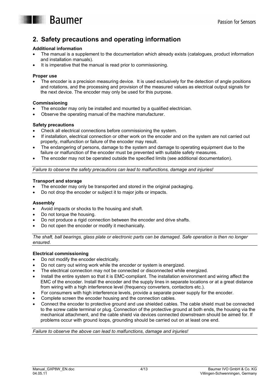 Safety precautions and operating information | Baumer GXP8W User Manual | Page 4 / 13