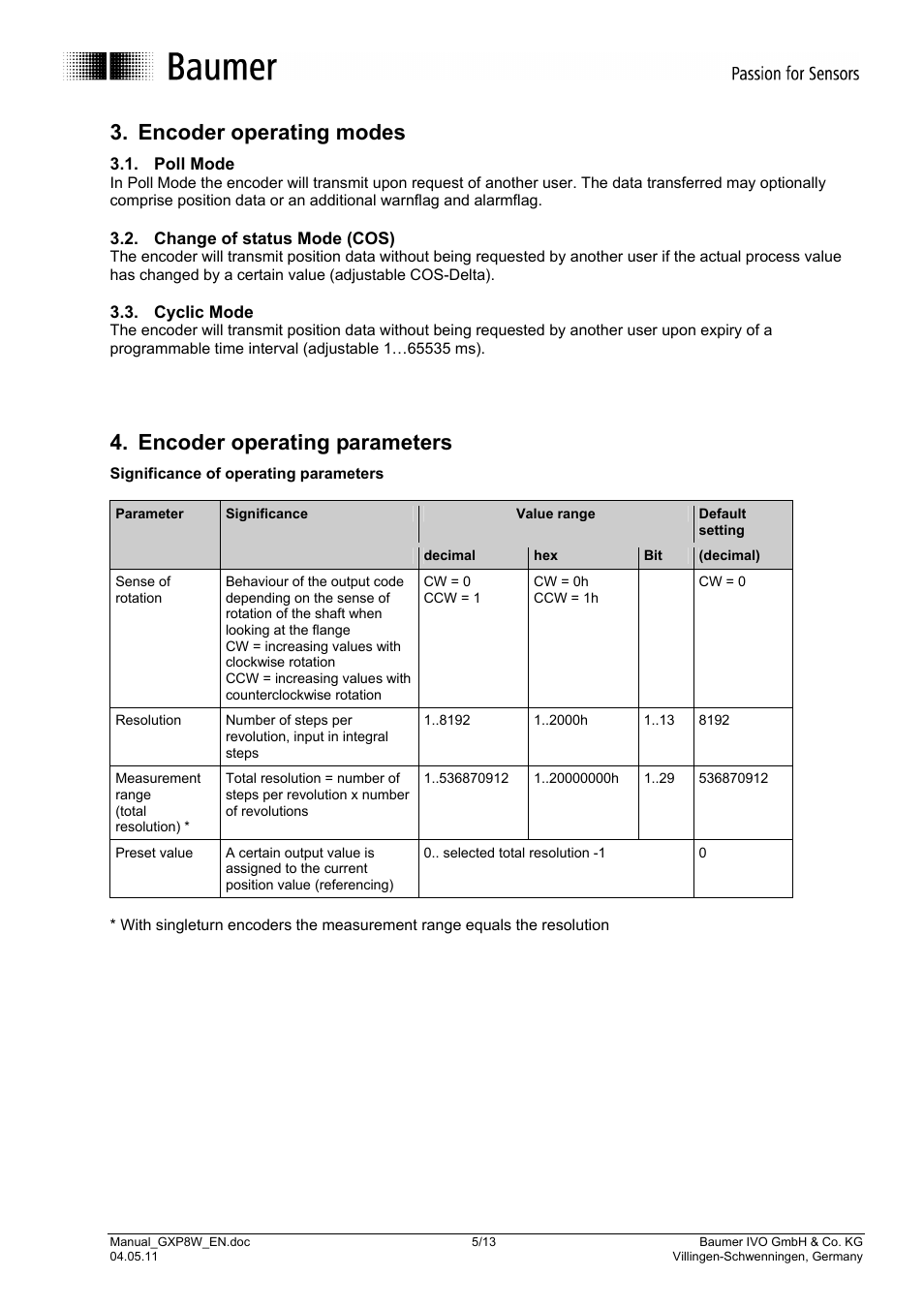 Encoder operating modes, Encoder operating parameters | Baumer GXP8W User Manual | Page 5 / 13