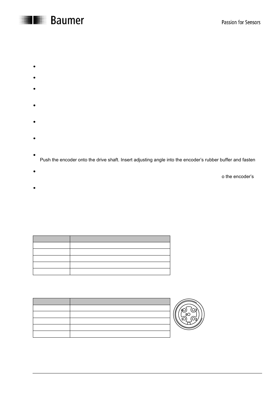 Terminal assignment and commissioning, Mechanical mounting, Electrical connection | Contact description, Pin assignment m12 connector | Baumer G0-GB-GXP5W/S/H-GXU5W/S User Manual | Page 47 / 48