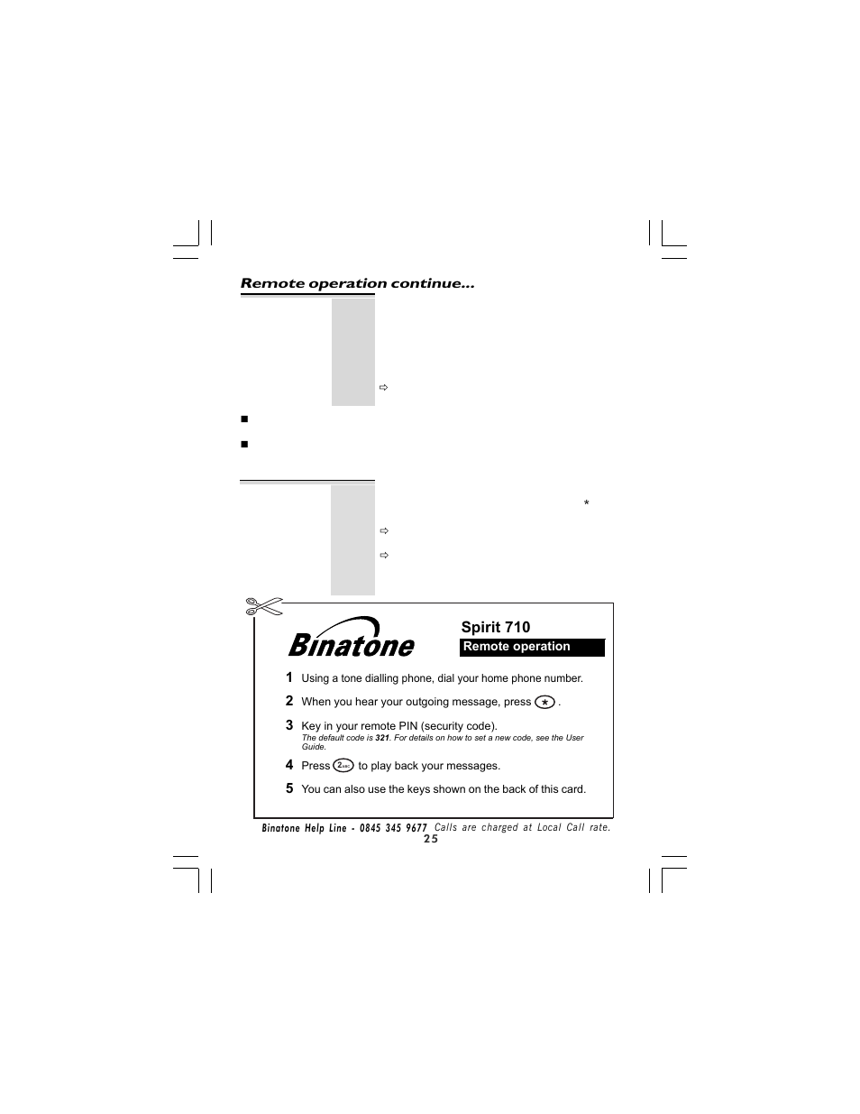 Spirit 710, Remote operation continue, Using the remote instruction code | Remote operation | Binatone 710 User Manual | Page 25 / 32