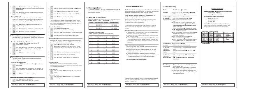 Cleaning and care, Technical specification, Troubleshooting | Guarantee and service | Binatone ADVENTURER 100 User Manual | Page 2 / 2