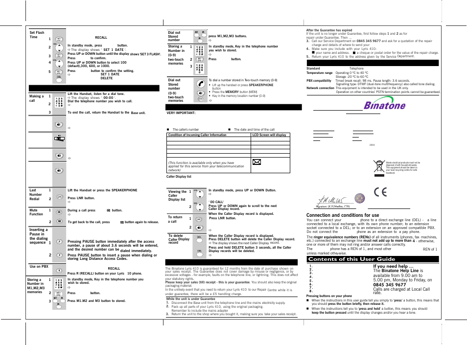 Telephone operations, Caller display operation, Technical details | Connection and conditions for use, Contents of this user guide, Guarantee and service | Binatone LYRIS 410 User Manual | Page 2 / 2