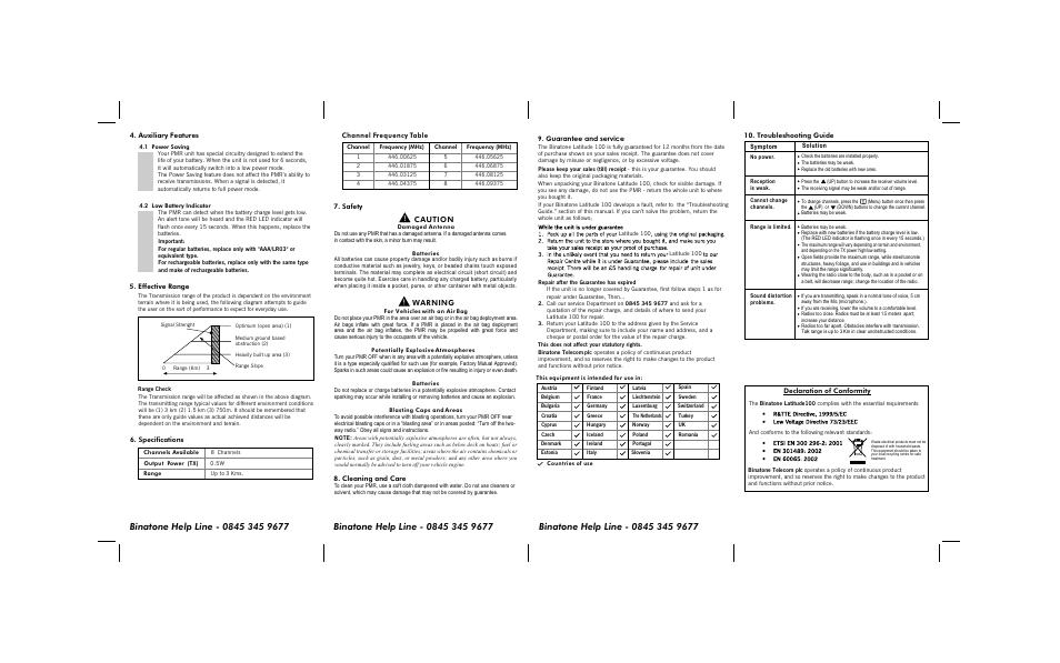 Caution, Warning | Binatone LATITUDE 100 User Manual | Page 2 / 2