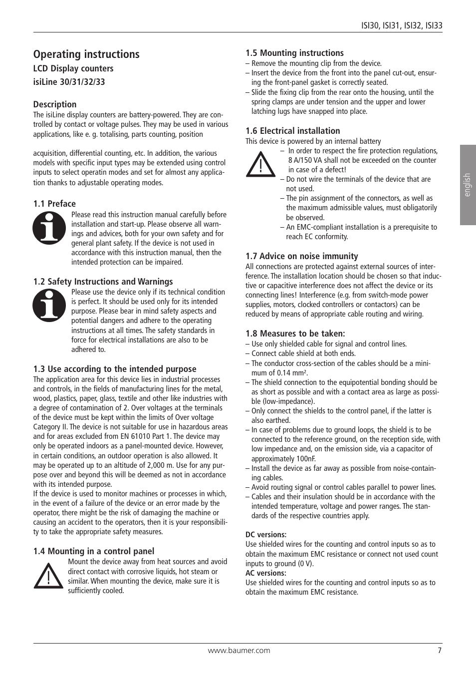 Operating instructions | Baumer ISI33 counter User Manual | Page 7 / 20