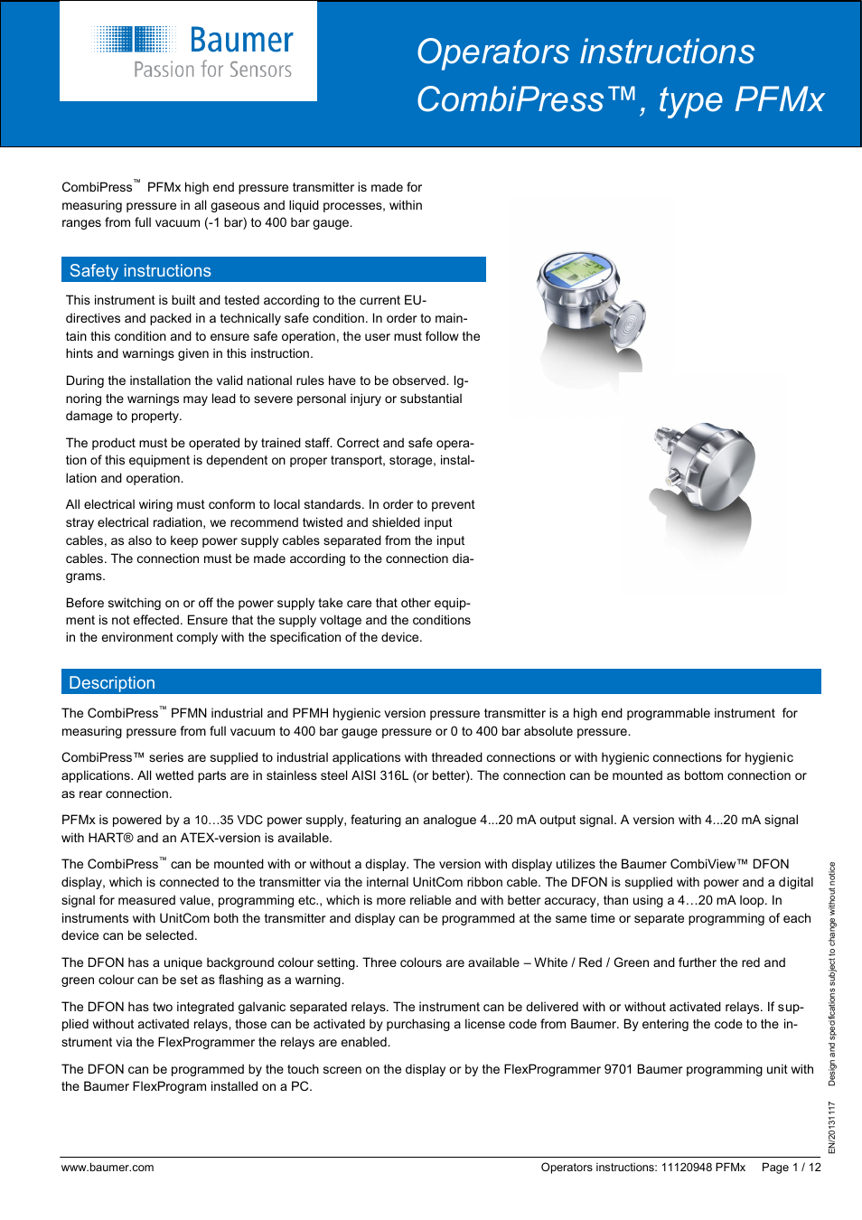 Baumer CombiPress PFMH User Manual | 12 pages