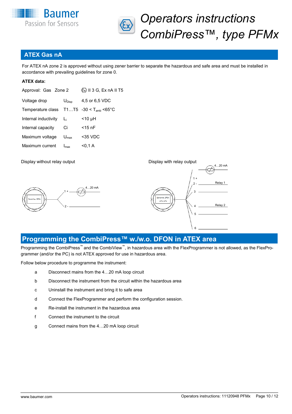 Operators instructions combipress™, type pfmx, Atex gas na | Baumer CombiPress PFMH User Manual | Page 10 / 12