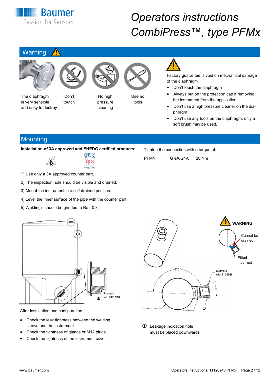 Operators instructions combipress™, type pfmx, Warning, Mounting | Baumer CombiPress PFMH User Manual | Page 2 / 12