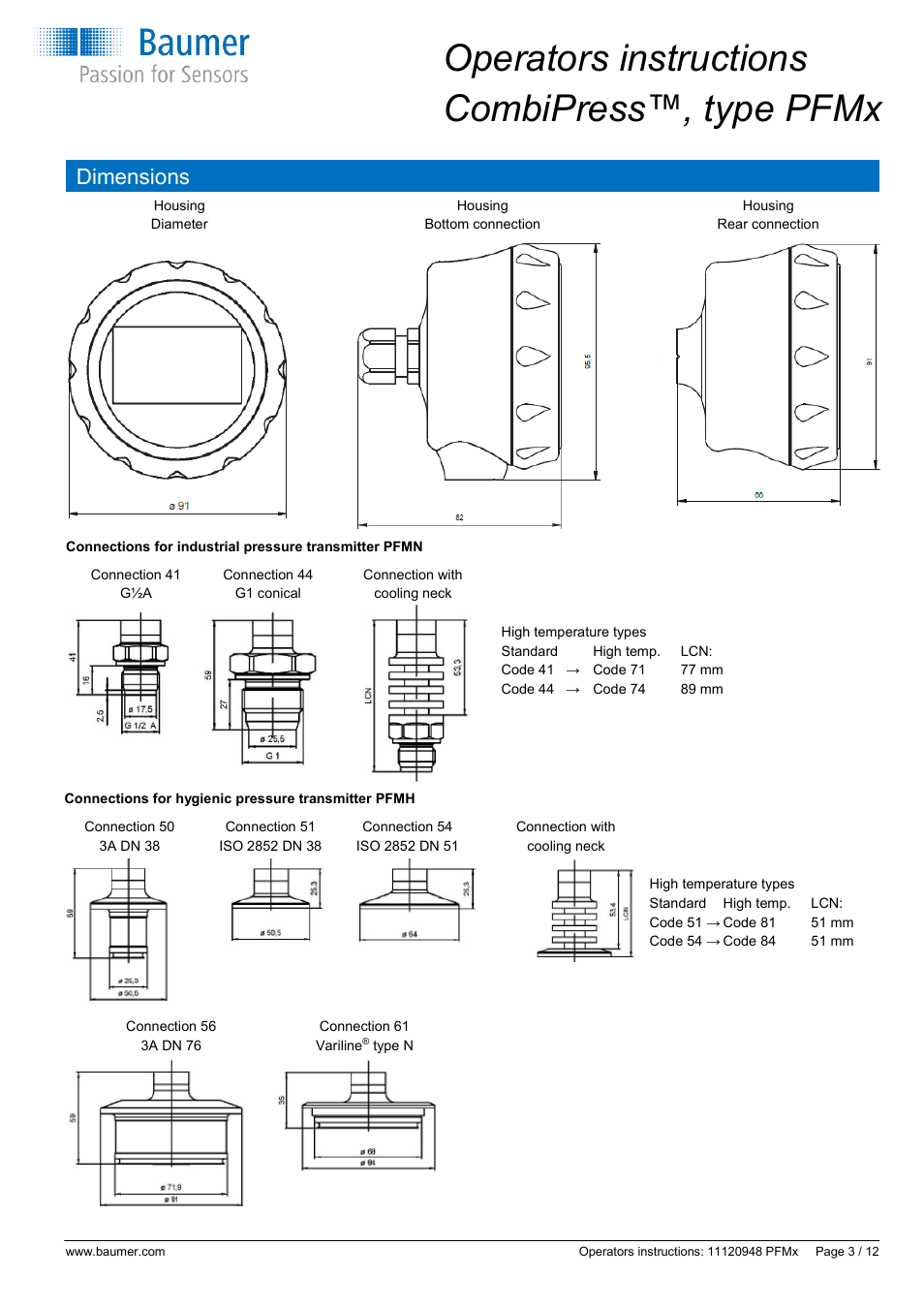 Operators instructions combipress™, type pfmx, Dimensions | Baumer CombiPress PFMH User Manual | Page 3 / 12