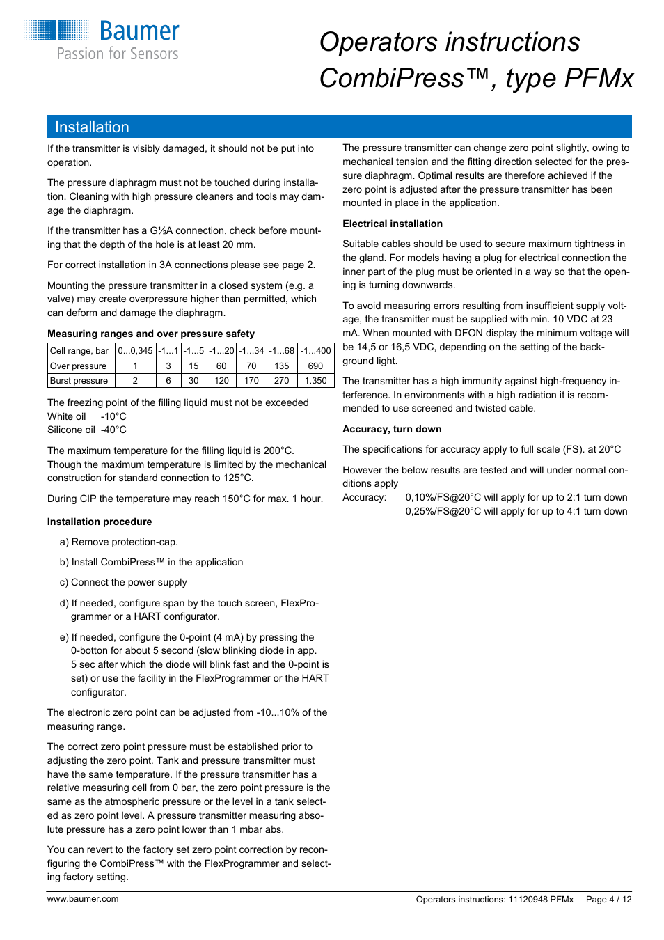 Operators instructions combipress™, type pfmx, Installation | Baumer CombiPress PFMH User Manual | Page 4 / 12