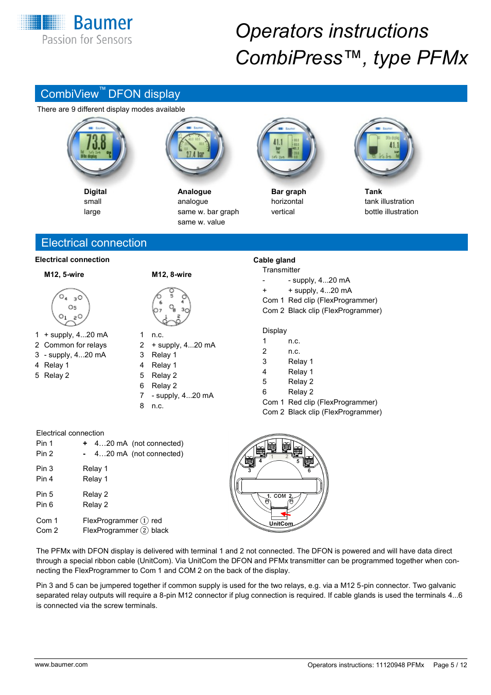 Operators instructions combipress™, type pfmx, Combiview, Dfon display | Electrical connection | Baumer CombiPress PFMH User Manual | Page 5 / 12