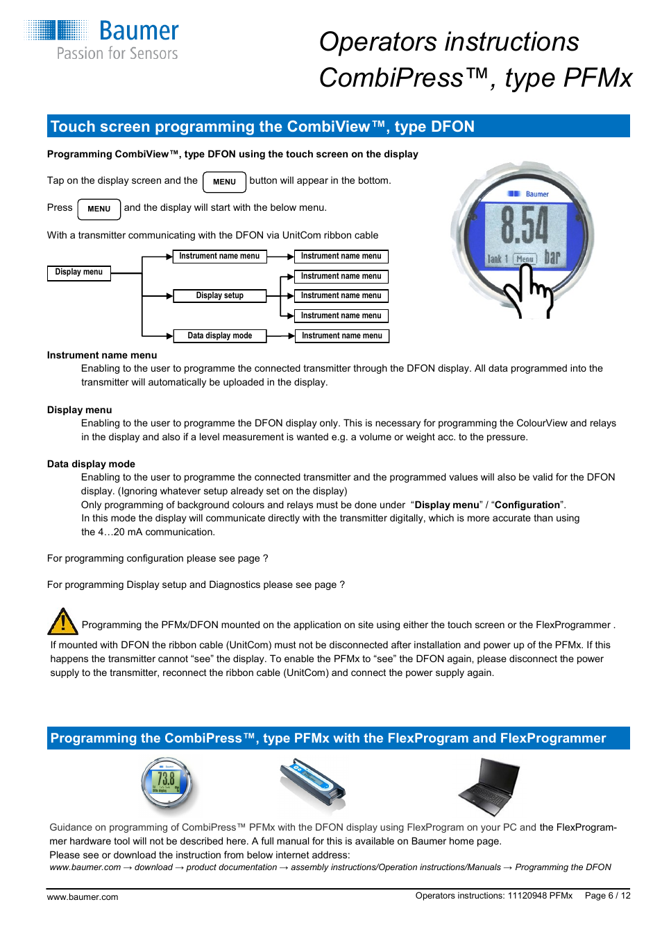 Operators instructions combipress™, type pfmx, Touch screen programming the combiview™, type dfon | Baumer CombiPress PFMH User Manual | Page 6 / 12
