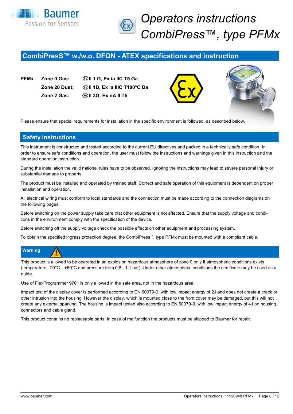 Operators instructions combipress™, type pfmx, Safety instructions | Baumer CombiPress PFMH User Manual | Page 8 / 12
