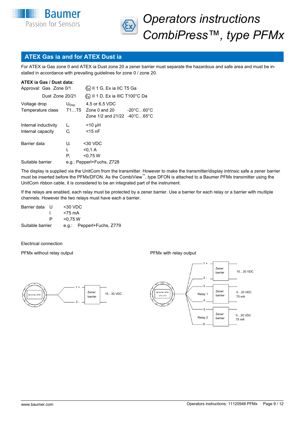 Operators instructions combipress™, type pfmx, Atex gas ia and for atex dust ia | Baumer CombiPress PFMH User Manual | Page 9 / 12