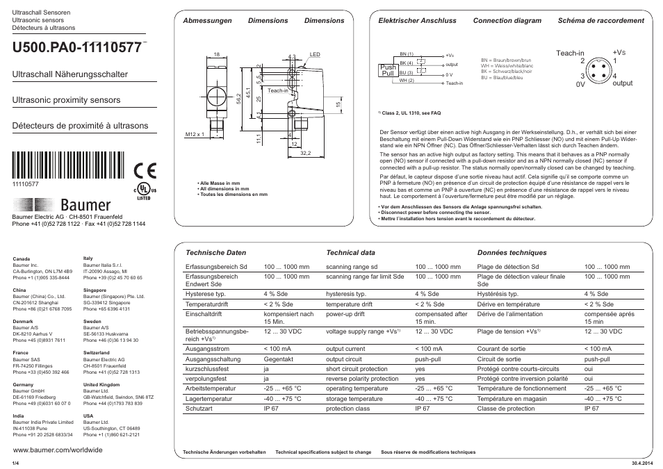 Baumer U500.PA0-GP1B.72O User Manual | 4 pages