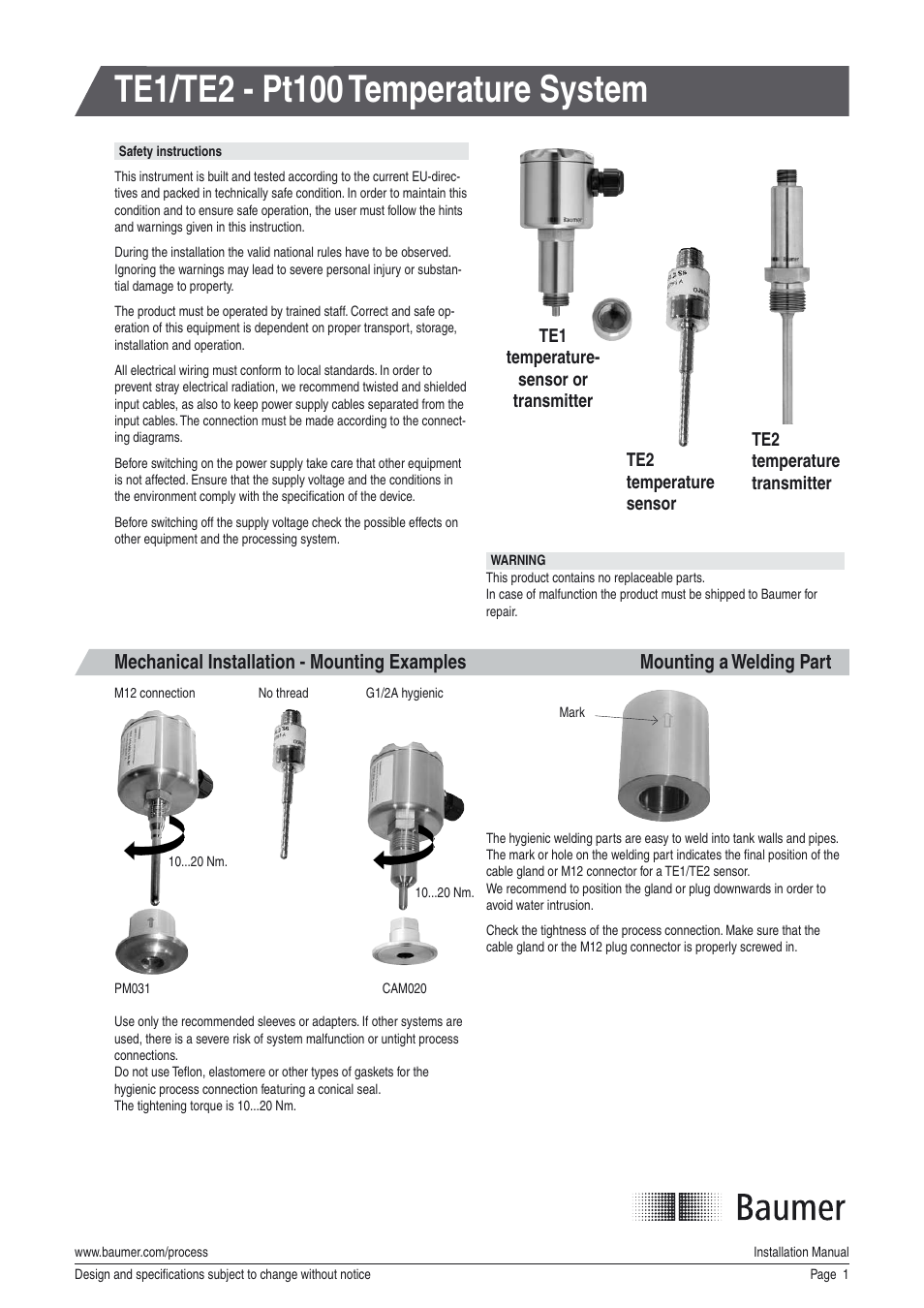 Baumer TE2 User Manual | 4 pages