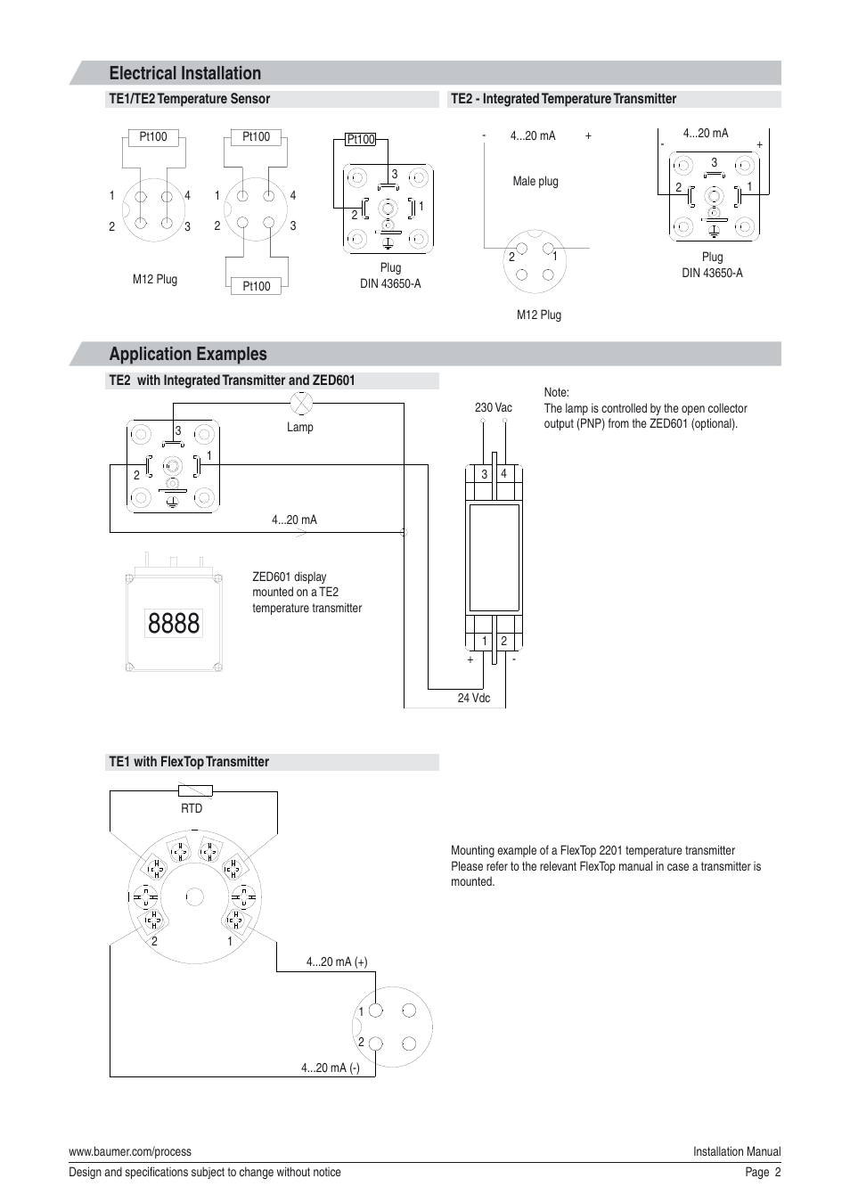 Electrical installation, Application examples | Baumer TE2 User Manual | Page 2 / 4