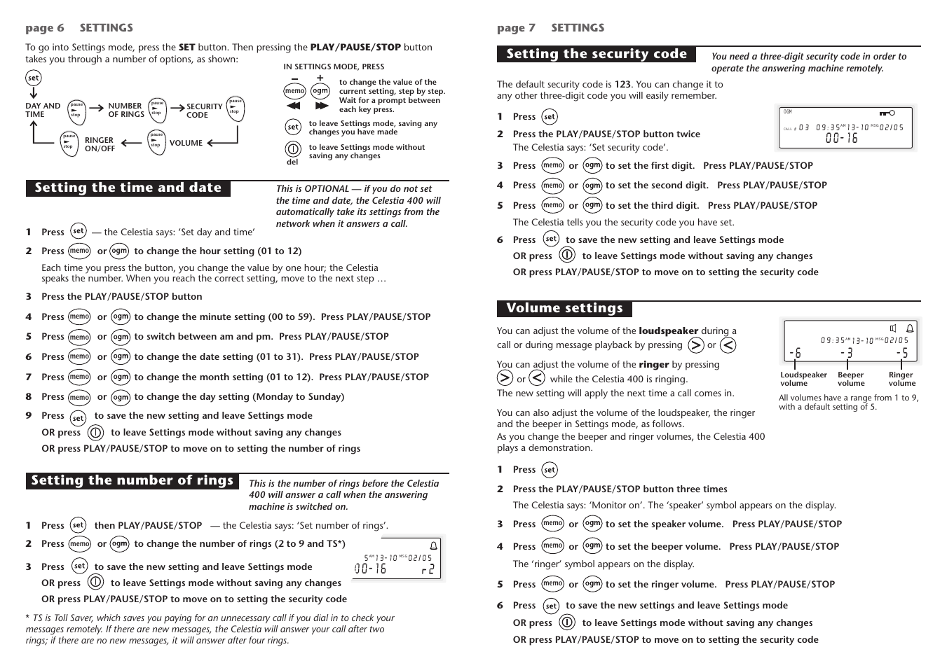 Setting the security code volume settings | Binatone 3401 User Manual | Page 4 / 4