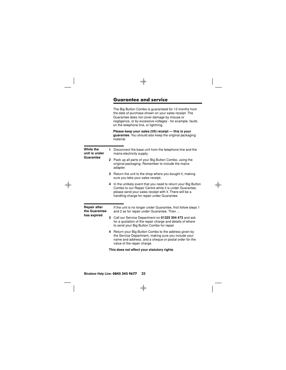 Guarantee and service | Binatone SC2050 User Manual | Page 36 / 39