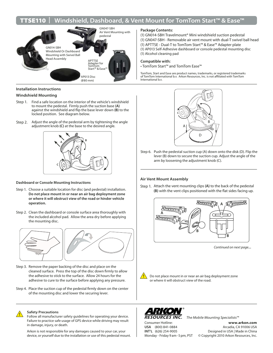 Arkon TTSE110 User Manual | 2 pages