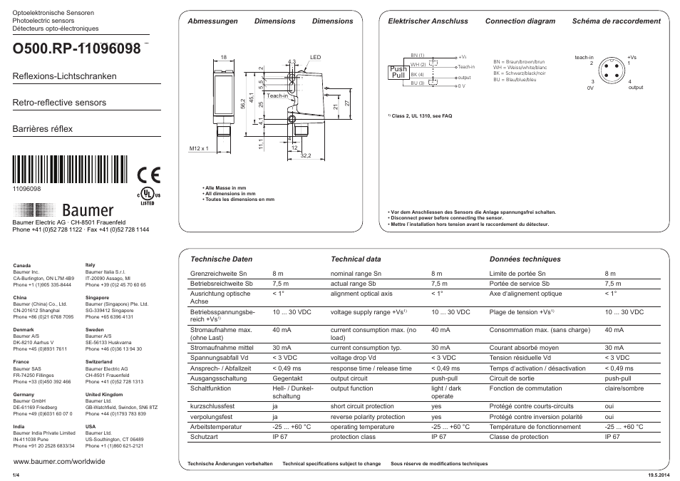 Baumer O500.RP-GW1B.72O User Manual | 4 pages