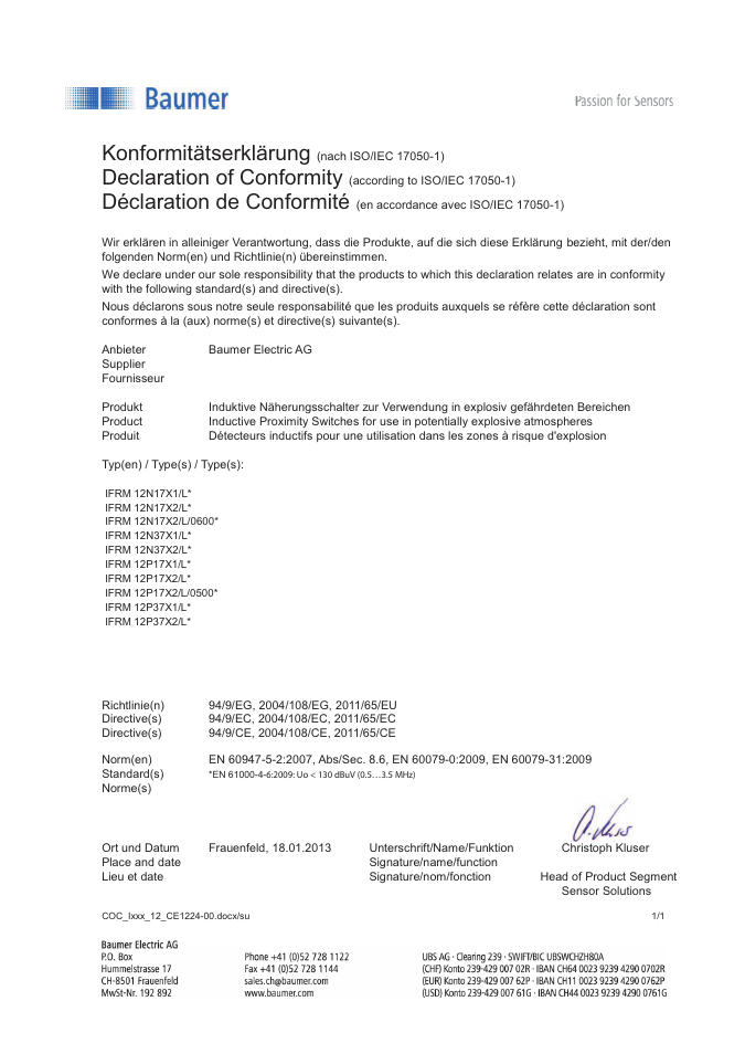 Konformitätserklärung, Declaration of conformity, Déclaration de conformité | Baumer IFRM 12P17X2/L User Manual | Page 4 / 4