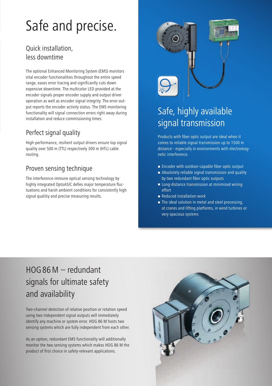 Safe and precise, Safe, highly available signal transmission, Quick installation, less downtime | Perfect signal quality, Proven sensing technique | Baumer HOG86 User Manual | Page 3 / 6