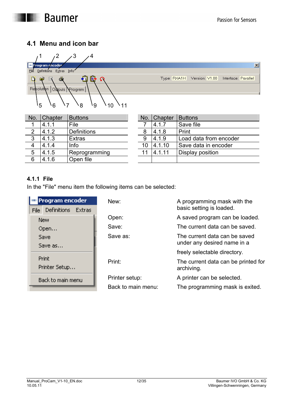 1 menu and icon bar | Baumer RXA1H User Manual | Page 12 / 35